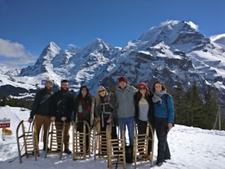 March 2018: Former Peichel Lab members Mike White and Shaun McCann joined current Peichel Lab members Katie Peichel, Matt Zuellig, Hilary Poore and Sophie Archambeault for a sunny day on the Schlittelweg in Mürren.